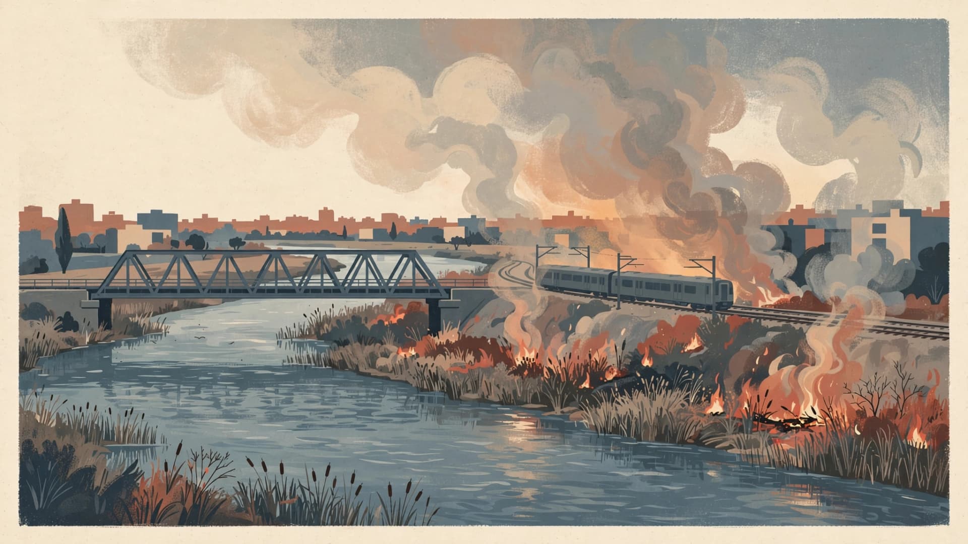 Brush Fire Along Yarkon River Halts Train Traffic in Ramat Gan