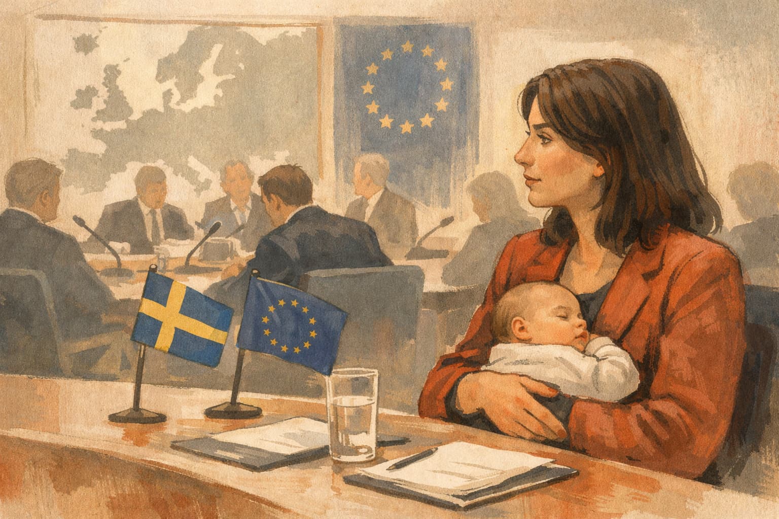 Swedish minister returns from maternity leave with three-month-old at EU meeting