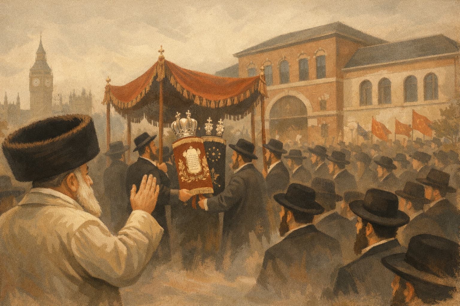 Vishnitz Rebbe Leads Dedication of New London Yeshiva Building and Torah Scroll Procession