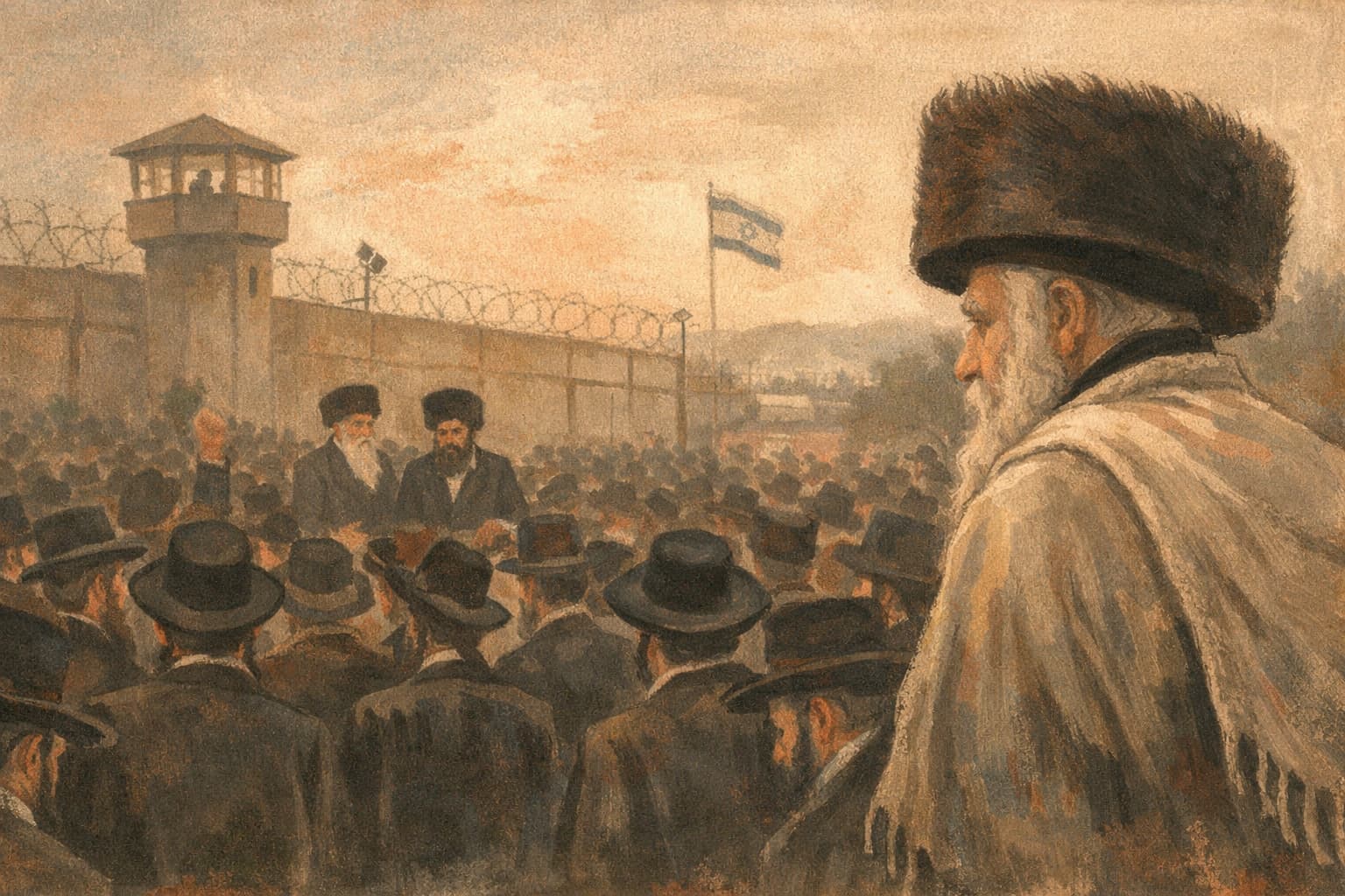 Thousands of Gur Hasidim Protest Near Beit Lid Military Prison; Rebbe Joins Rarely