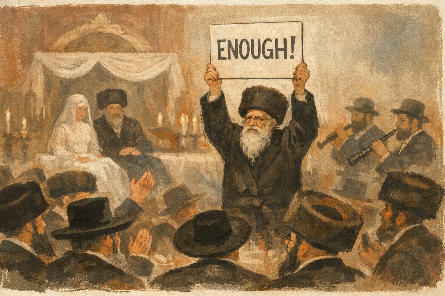 Rabbi at Bnei Brak Wedding Raises ‘Enough’ Protest Sign During Celebration