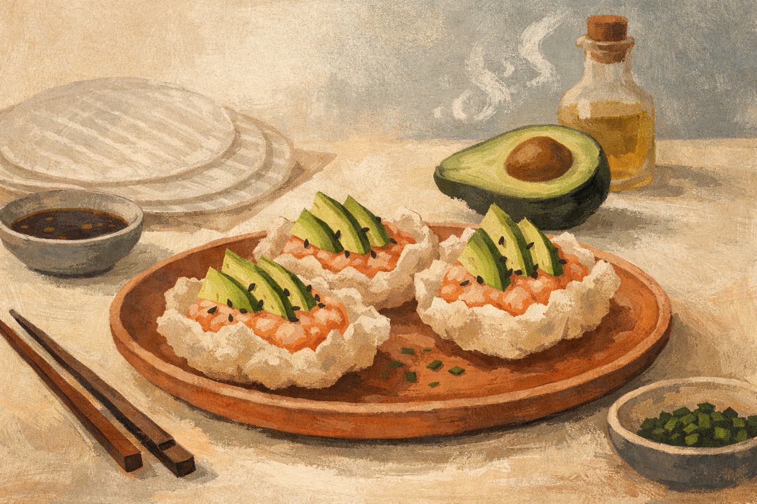 Crispy Rice Paper Puffs Filled with Salmon Cream and Avocado