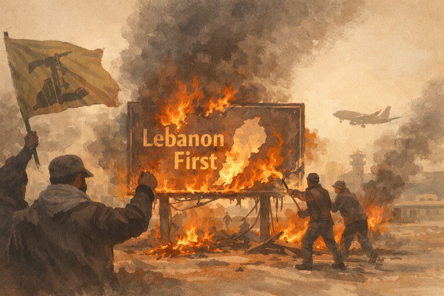 Hezbollah Supporters Burn 'Lebanon First' Signs Near Beirut Airport Amid Tensions