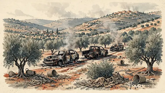 Settlers Attack Olive Harvesters, Burn Vehicles in Ramallah Area